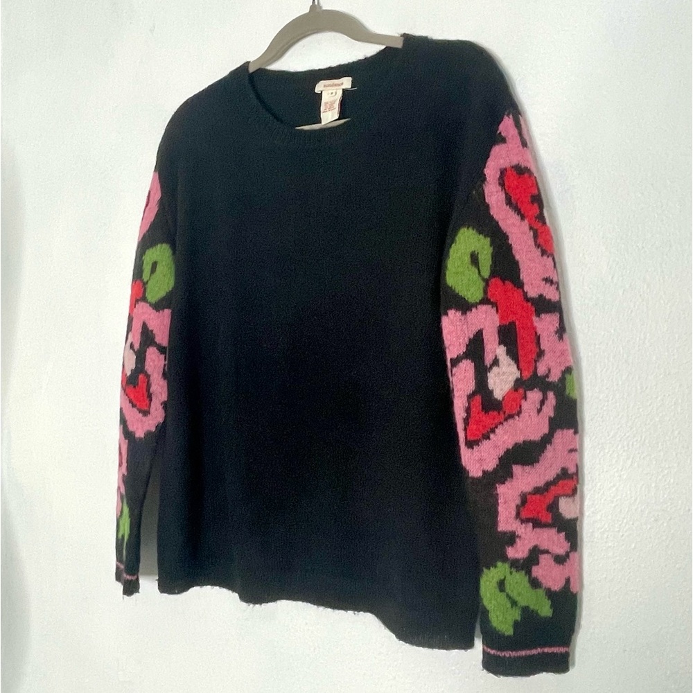 Sundance Black Crewneck Sweater with Pink & Green Floral Sleeves - Picture 2 of 5